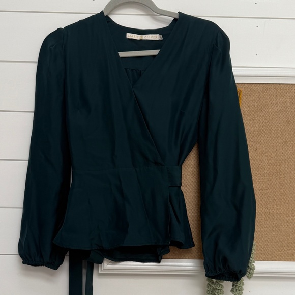 Marie Oliver Rare Silk Hunter Green Cross-front peplum blouse size XS - Picture 1 of 11